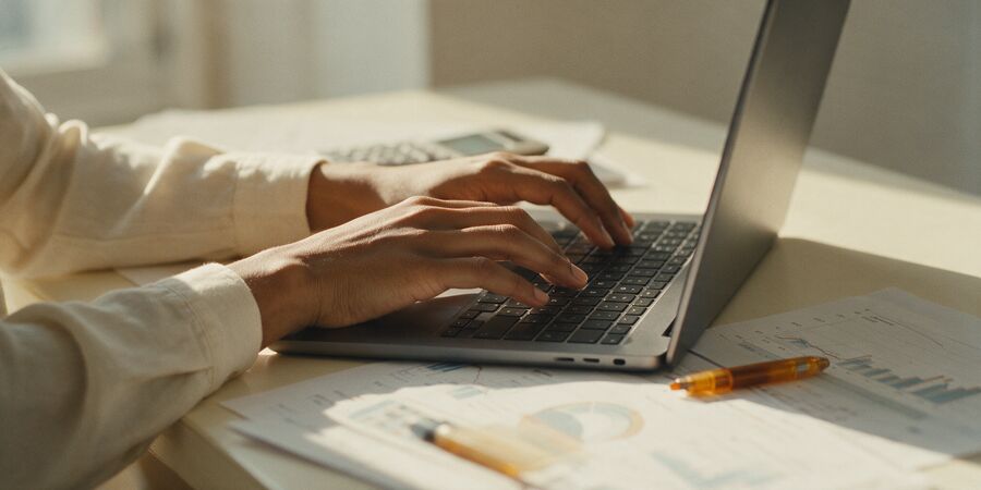 Hands typing beside printed charts
