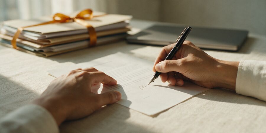 Hands signing a document at a sunlit desk