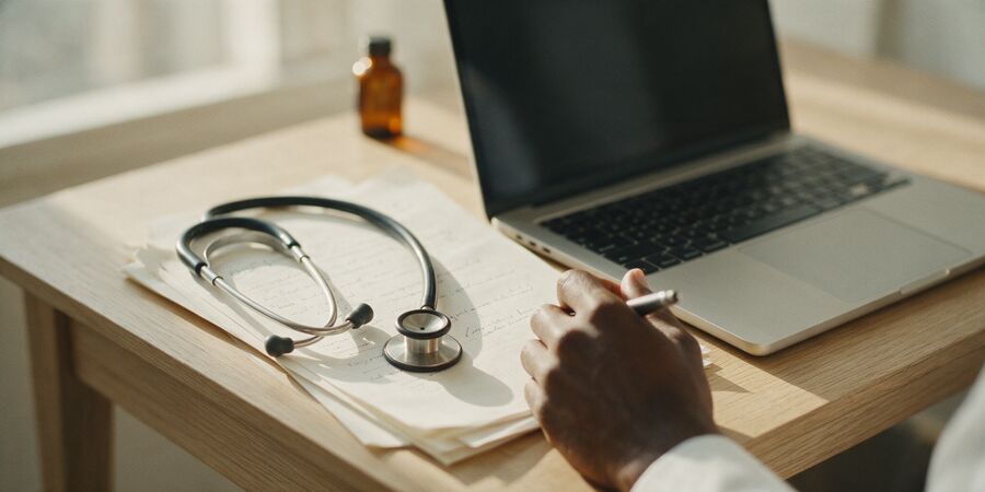 Stethoscope beside a laptop on a desk