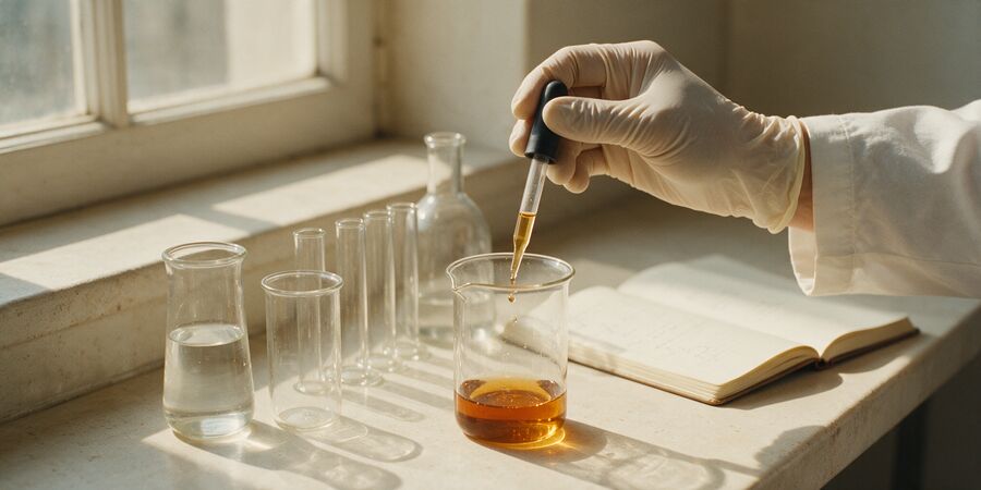 Gloved hand using a pipette by a window